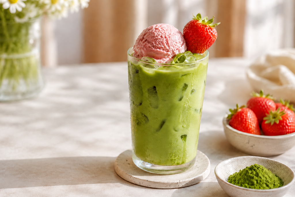 Matcha s domácí jahodovou zmrzlinou